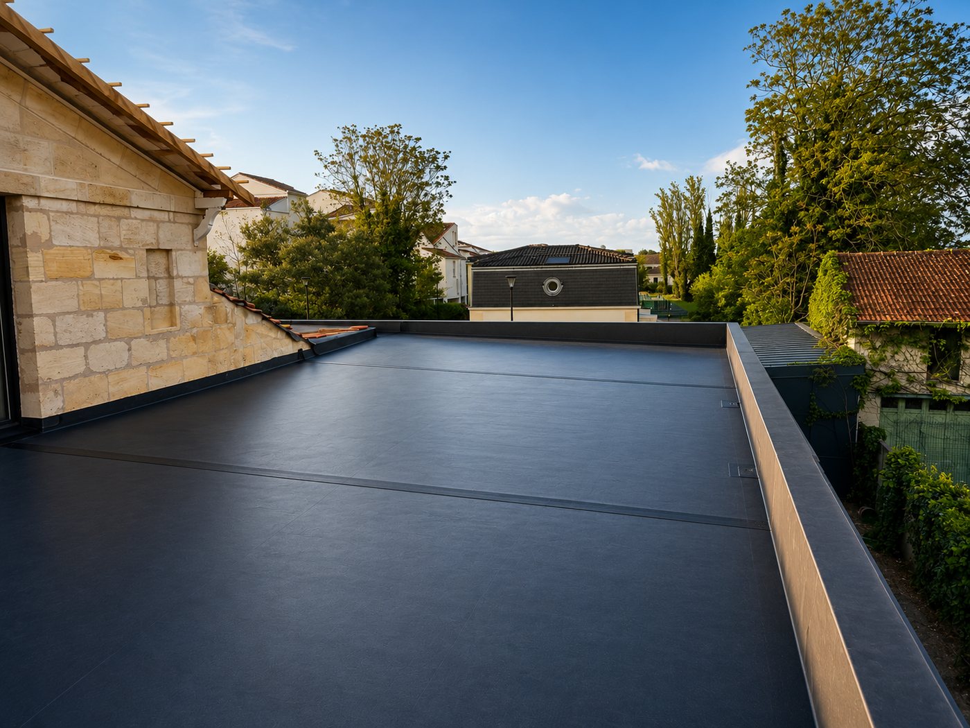 Toiture-terrasse étanchée en membrane EPDM anthracite sur une maison en pierre, réalisée par A2Roulet-Toiture en Gironde