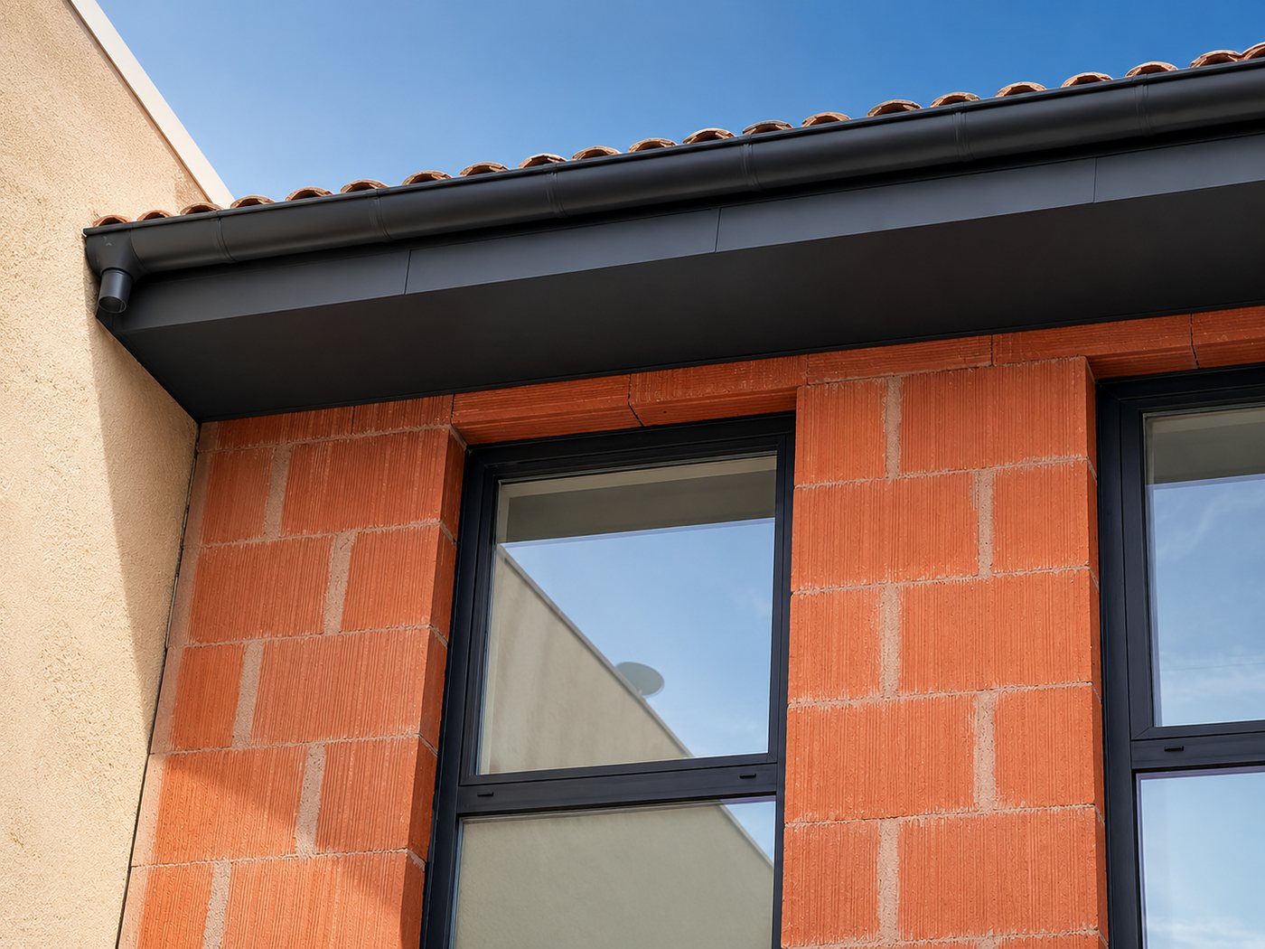 Habillage d'avant-toit en aluminium anthracite avec gouttière assortie, posé par A2Roulet-Toiture en Gironde
