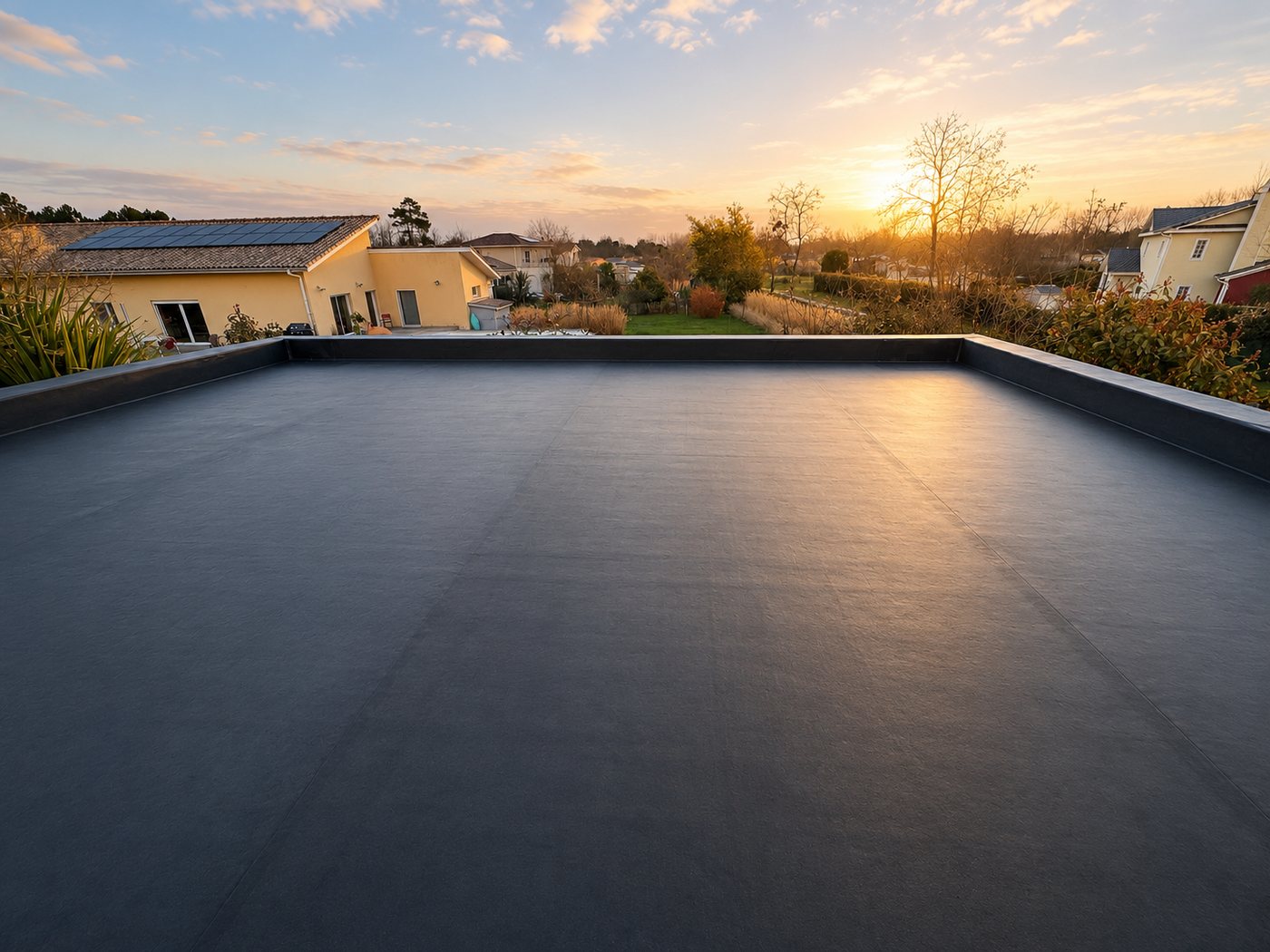 Grand toit plat étanché en membrane EPDM anthracite au coucher du soleil, réalisé par A2Roulet-Toiture en Gironde